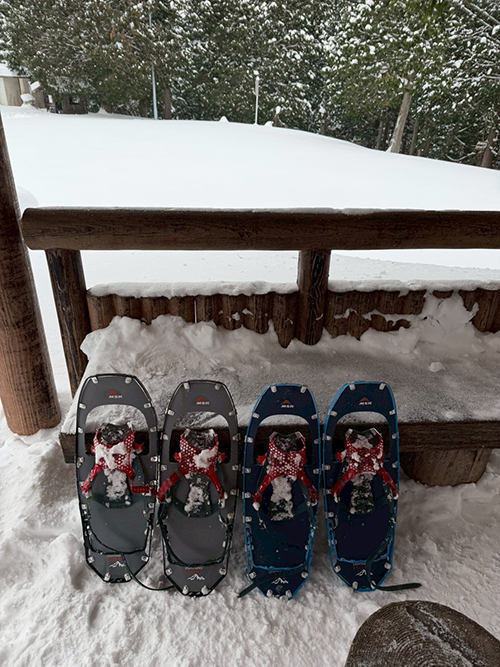 池田山の中腹でスノーシューを降ろして写真撮影